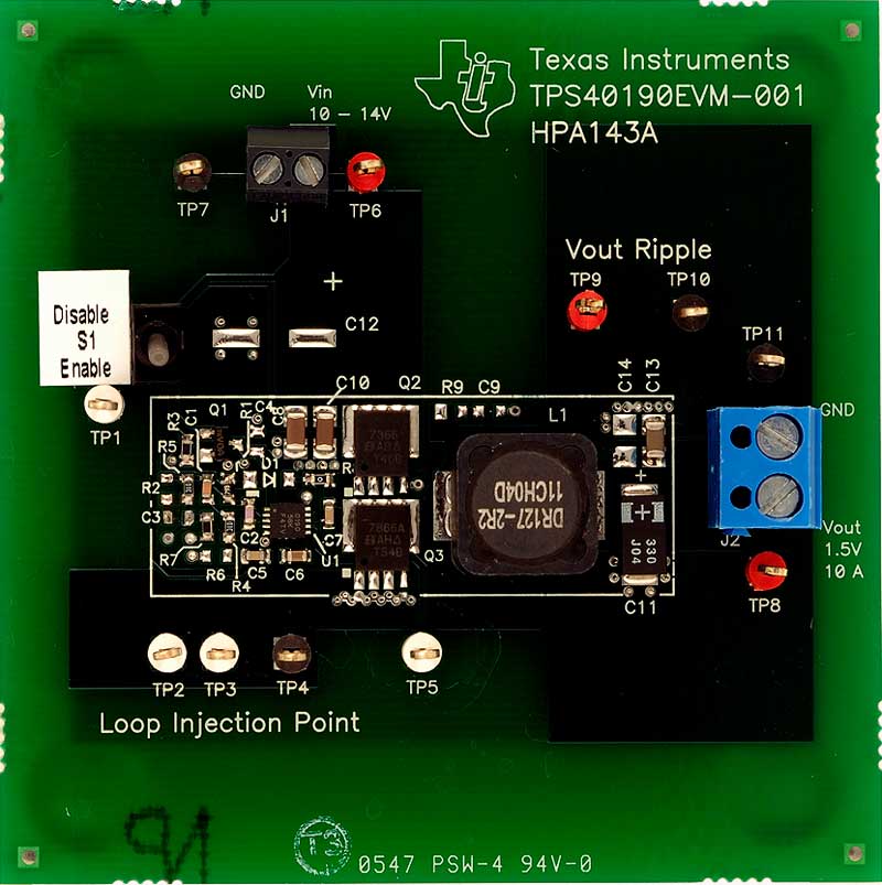 The TPS40190EVM-001 evaluation module (EVM) is a synchronous buck converter providing a fixed 1.5 V output at up to 10 A from a 12 V input bus.