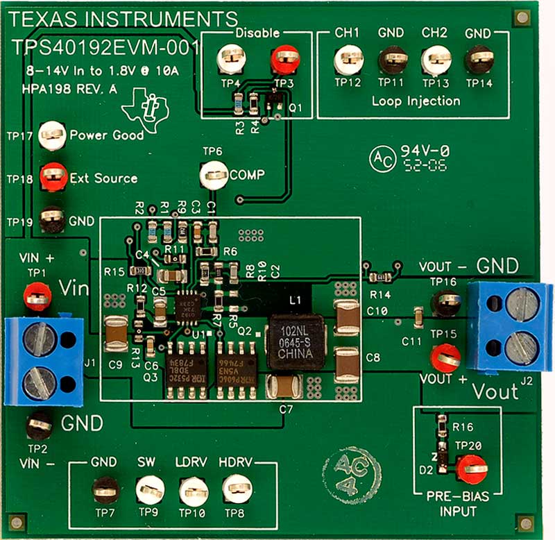 The TPS40192EVM-001 evaluation module (EVM) is a synchronous buck converter providing a fixed 1.8 V output at up to 10 A from a 12 V input bus.