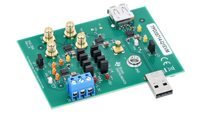 TPD3S714-Q1EVM Evaluation Module for TPD3S714-Q1 USB 2.0 Interface Protection w/Short-to-Battery & Short-to-Ground angled board image