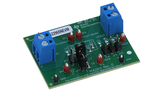 TPS22965NEVM-023 TPS22965NEVM, 5.7V, 16-mΩ On Resistance Load Switch Evaluation Module angled board image