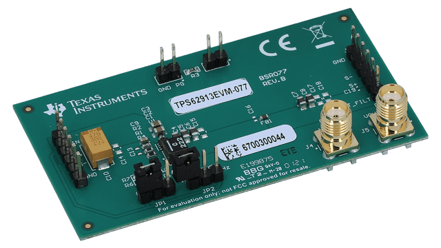 TPS62913EVM-077 17-V, 3-A low noise/low ripple buck converter with integrated ferrite bead filter compensation EVM angled board image