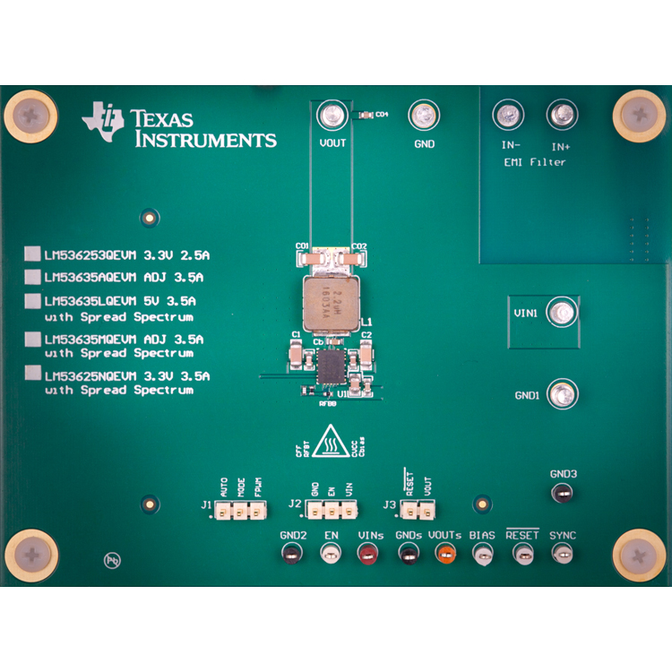 LM53635NQEVM LM53635N-Q1 3.5A 3.3V Fixed Output Wide Vin Synchronous 2.1MHz Automotive Step-Down Converter EVM top board image