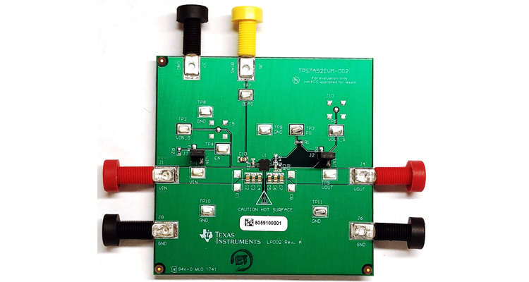 TPS7A52EVM-002 TPS7A52-Q1 2-A low-VIN (1.1-V) low-noise high-accuracy ultra-LDO voltage regulator evaluation module top board image