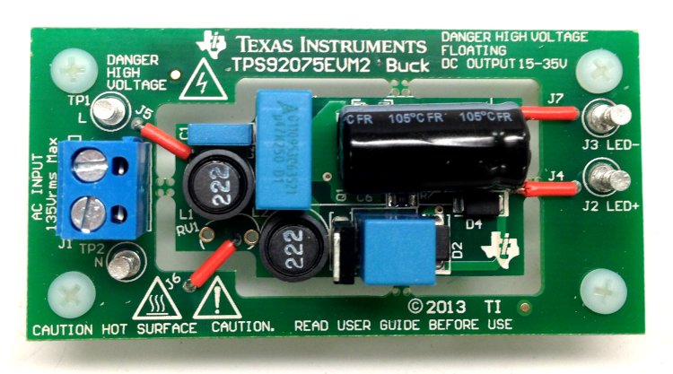 TPS92075EVM2 Non-Isolated, Phase Dimmable, Buck PFC LED Driver Evaluation Module top board image