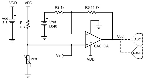 CIRCUIT060003 Temperature sensing with PTC thermistor circuit | TI.com