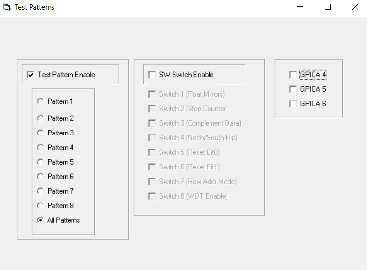 DLPLCRC410EVM, DLPLCR65NEVM, DLPLCR70EVM, DLPLCR70UVEVM, DLPLCR95EVM, DLPLCR95UVEVM Test Patterns Window