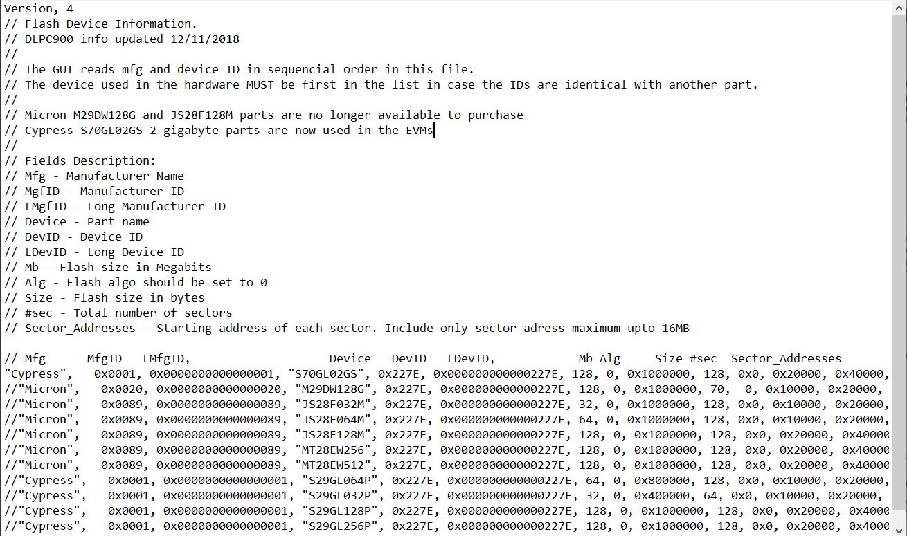 DLPC900 Flash Device Parameters Text
                    File