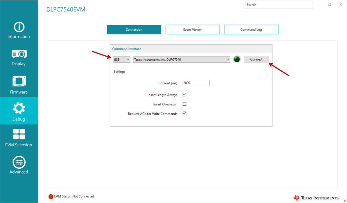 DLPC7540EVM Command
                                    Interface Settings