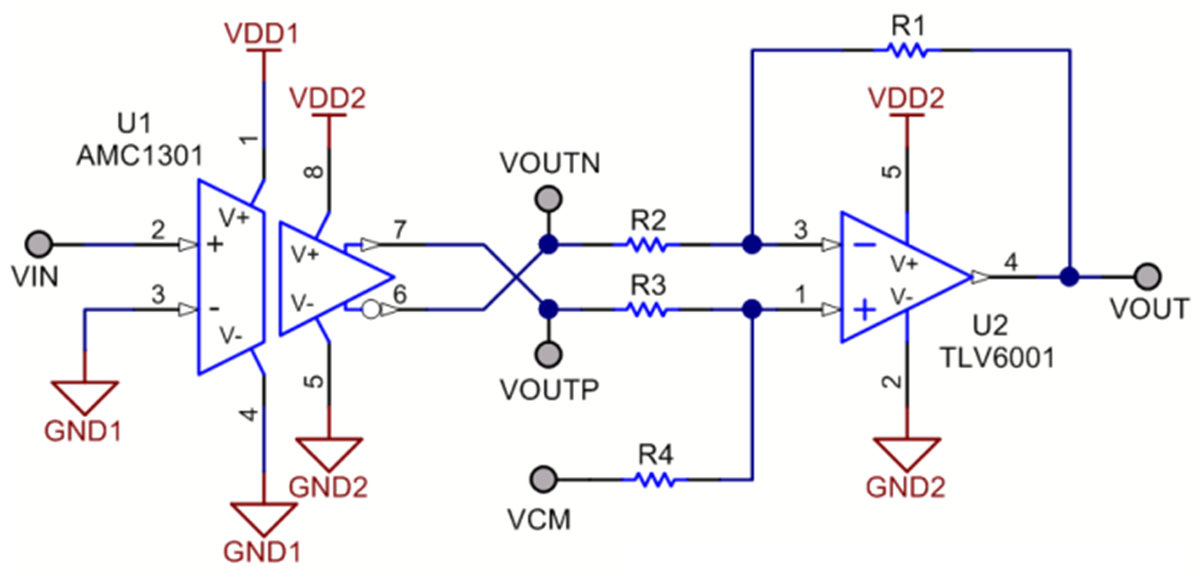 AMC1301 AMC1100 AMC1200 TLV6001 TLV170 Differenzieller zu unsymmetrischer Ausgang