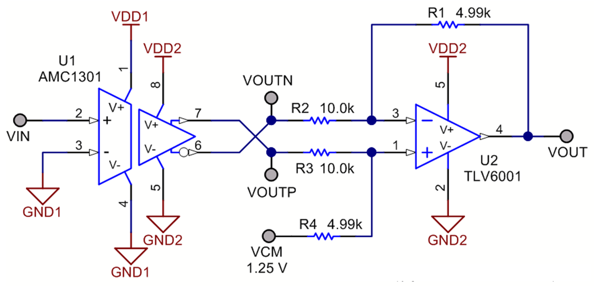 AMC1301 AMC1100 AMC1200 TLV6001 TLV170 Skalierter differenzieller zu unsymmetrischer Ausgang