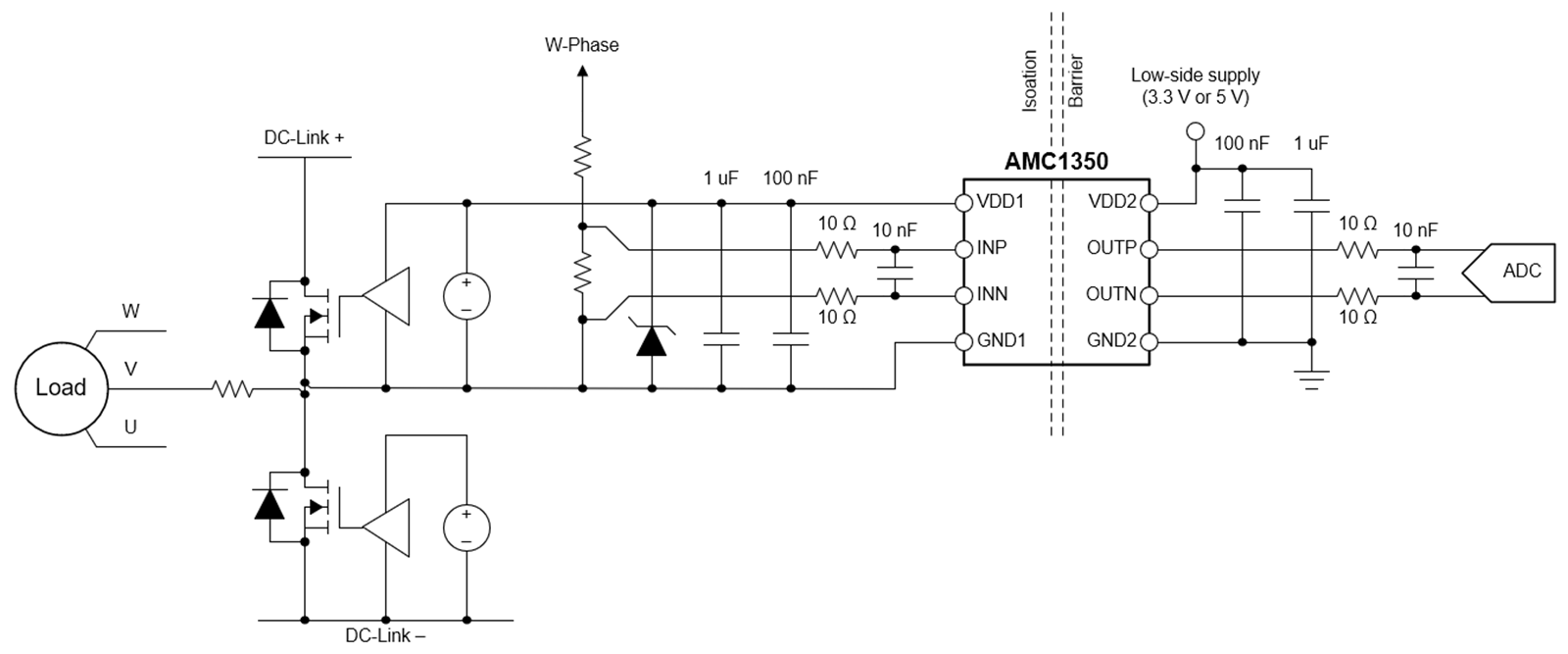  Der AMC1350 isolierte Verstärker mit potenzialfreier Stromversorgung.