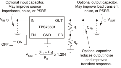 TPS736 Typical
                    Application Circuit for Adjustable-Voltage Version