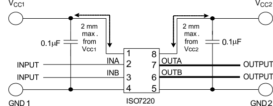 ISO7220A ISO7220B ISO7220C ISO7220M ISO7221A ISO7221B ISO7221C ISO7221M Typical ISO7220x Circuit Hook-Up