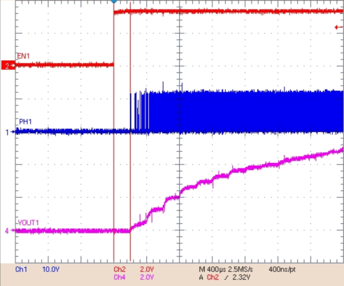 TPS43331-Q1 scope_buck1_on_delay_enable_dt200us_lvsa38.gif