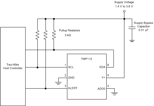 TMP112 TMP112D 代表的な接続 (SOT563-6 パッケージ)