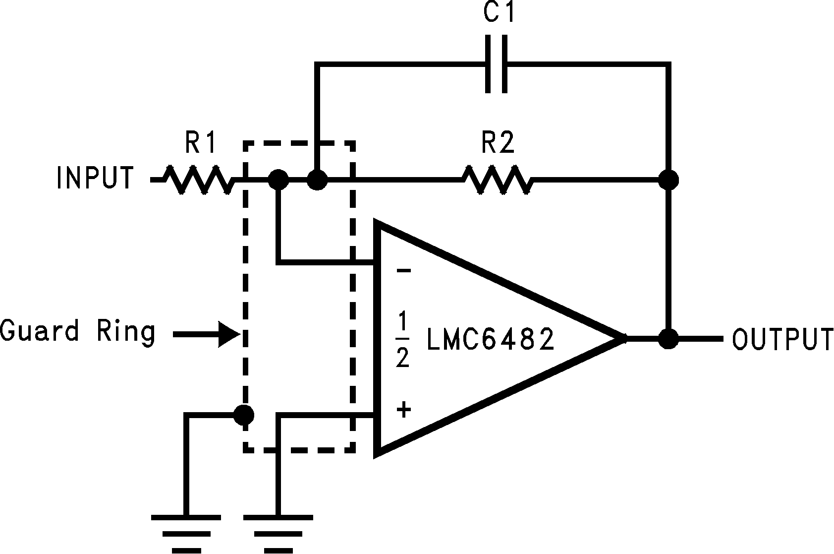 LMC6482  LMC6484 反転アンプのガード リングの代表的な接続