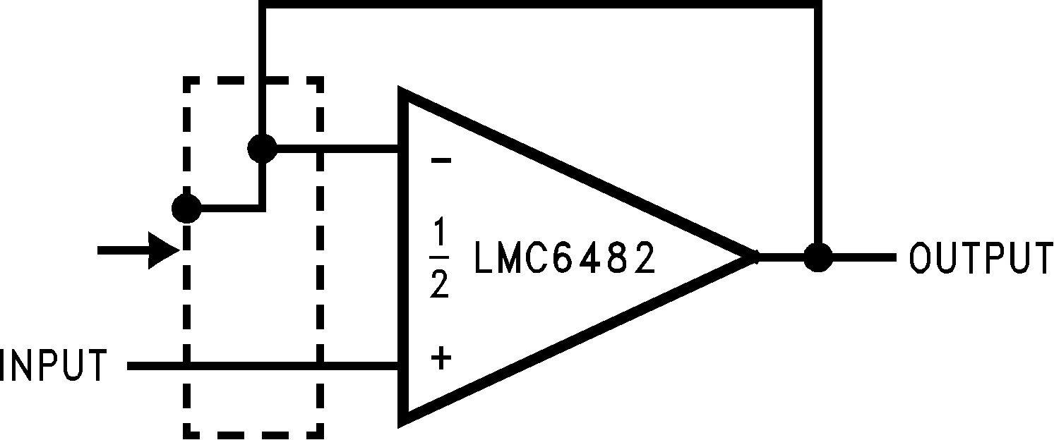 LMC6482  LMC6484 フォロワのガード リングの代表的な接続