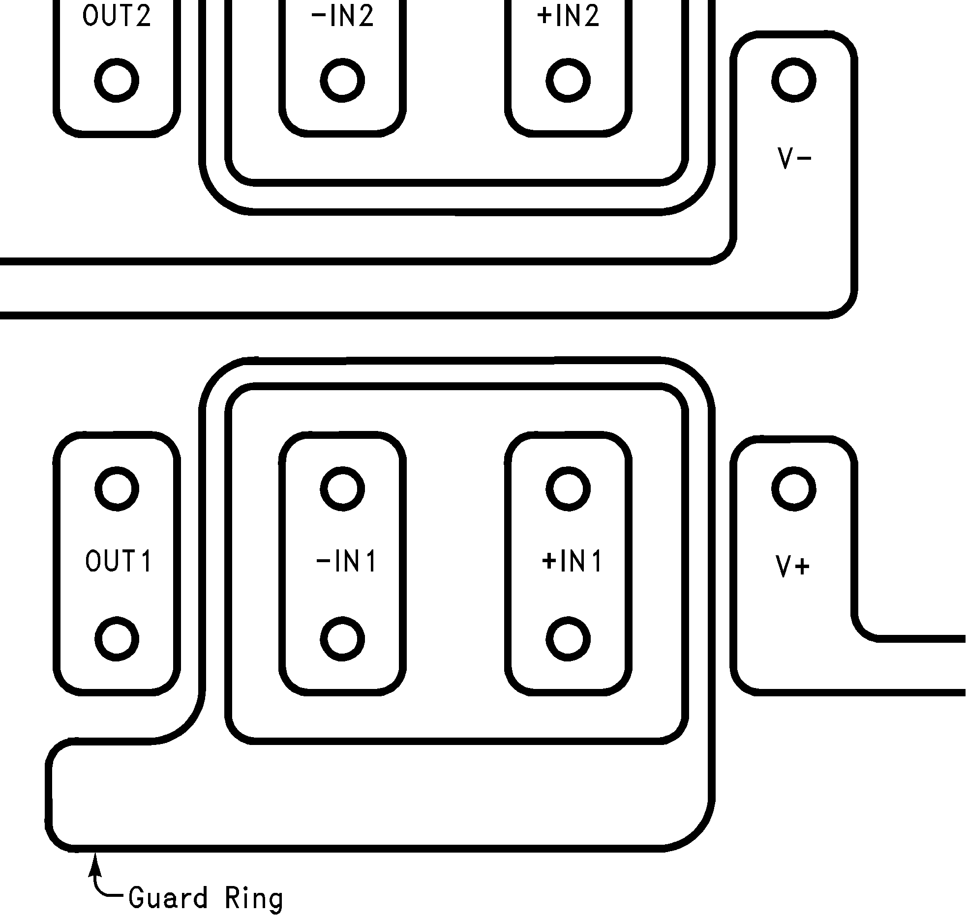 LMC6482  LMC6484 PCB レイアウトでのガード リングの代表的な接続例