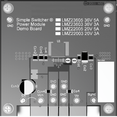 LMZ22005 デモ ボードの底面図