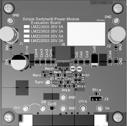 LMZ22005 評価ボードの上面図 – AN-2085 SNVA457 を参照