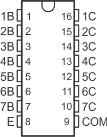 ULN2002A ULN2003A ULN2003AI ULQ2003A ULN2004A ULQ2004A D、N、NS、PW パッケージ16ピン SOIC、PDIP、SO、TSSOP上面図