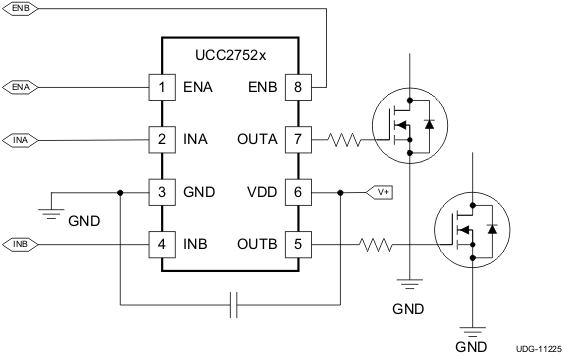 UCC27523 UCC27525 UCC27526 UCC2752x
                    Typical Application Diagram (x = 3, or 5)