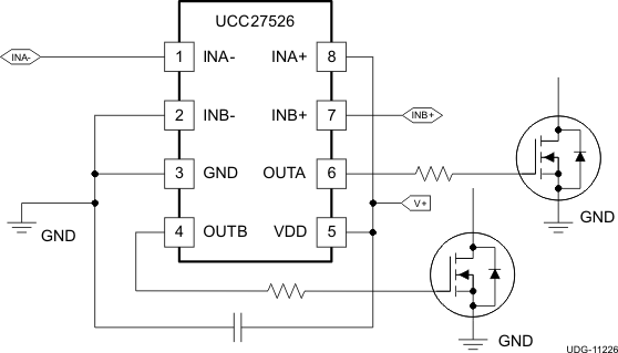 UCC27523 UCC27525 UCC27526 UCC27526
                    Channel A in Inverting and Channel B in Non-Inverting Configuration (Enable
                    Function Not Used)