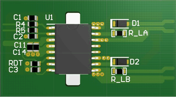 UCC21520 UCC21520A 3-D PCB Top View