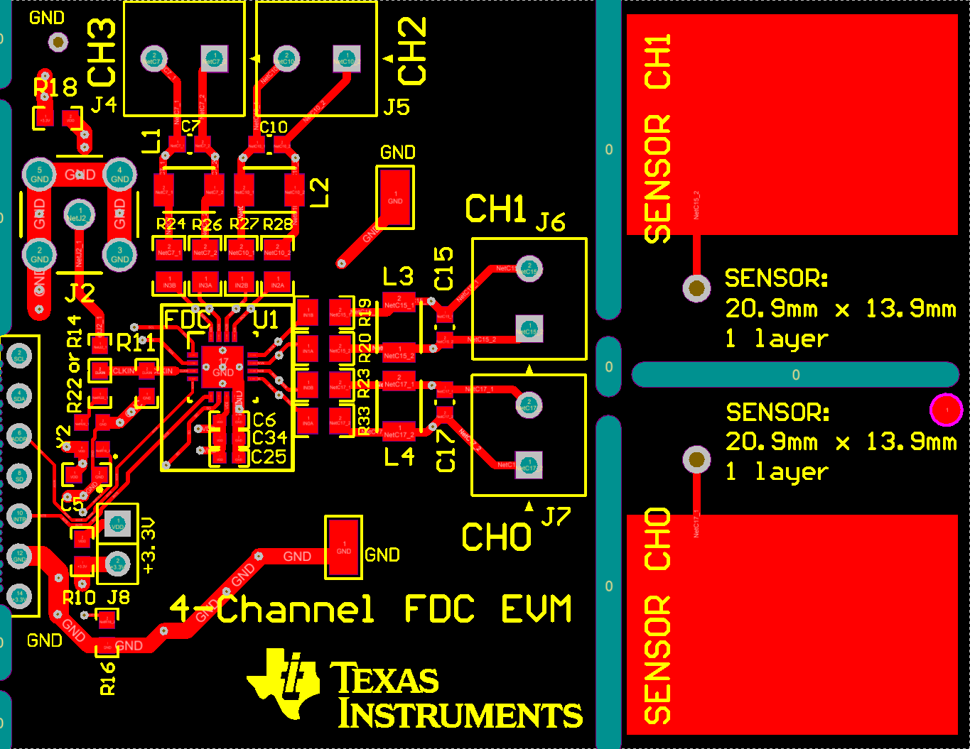 FDC2212 FDC2214 FDC2112 FDC2114 PCB レイアウトの例：最上層 (信号)