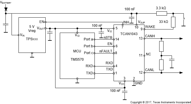 TCAN1043-Q1 TCAN1043H-Q1 TCAN1043HG-Q1 TCAN1043G-Q1 Typical CAN Bus Application Using
                    TCAN1043xx-Q1 With 5V µC