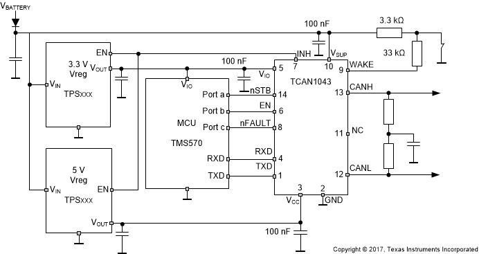 TCAN1043-Q1 TCAN1043H-Q1 TCAN1043HG-Q1 TCAN1043G-Q1 Typical CAN Bus
                    Application Using TCAN1043xx-Q1 With 3.3V µC