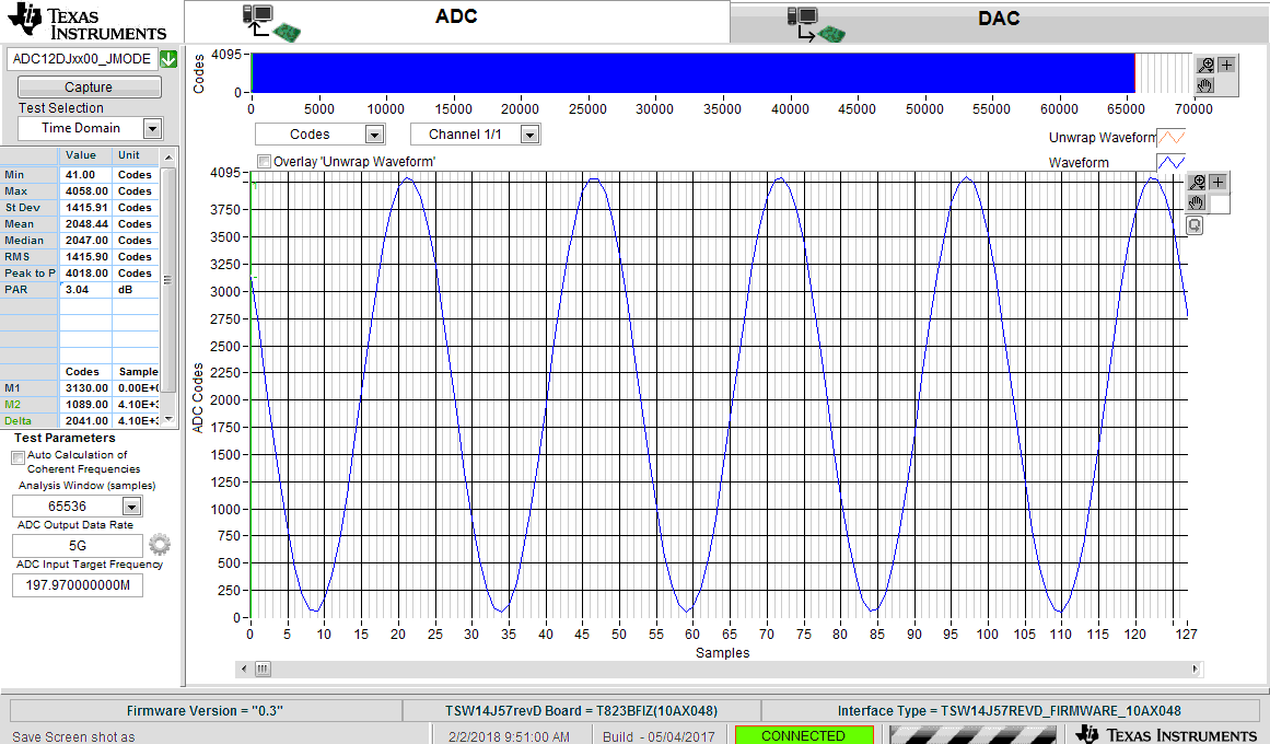 ADC12DJ5200RF 200-MHz, Sine-Wave Time Domain for 5-GSPS, Single-Channel Oscilloscope