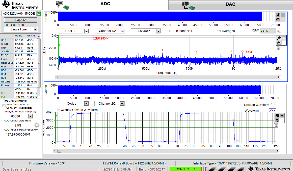 ADC12DJ5200RF 200-MHz, Sine-Wave (Channel A) Frequency Domain (FFT) and 40-MHz, Square-Wave (Channel B) Time Domain for 5-GSPS, Single-Channel Oscilloscope