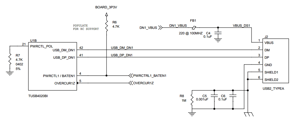 TUSB4020BI-Q1 Downstream Port 1 Implementation Schematic