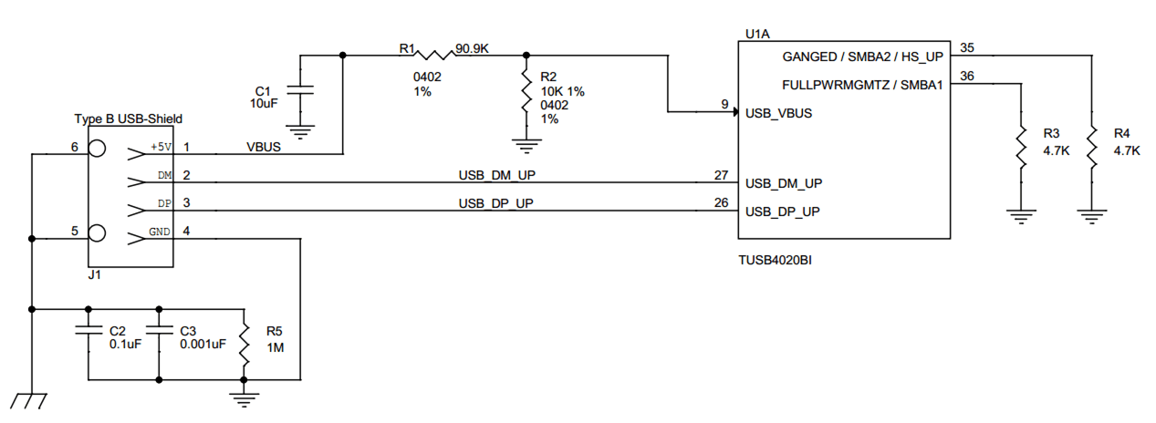 TUSB4020BI-Q1 Upstream Port Implementation Schematic