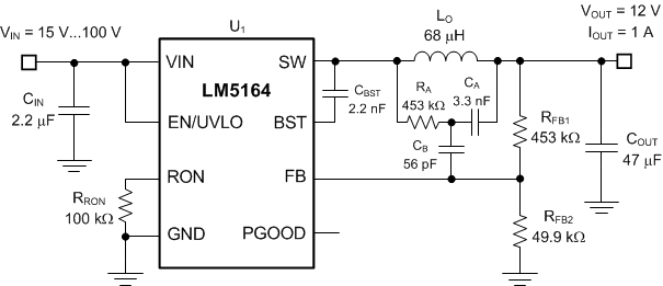 LM5164-Q1 Typical Application VIN(nom) = 48 V, VOUT = 12 V, IOUT(max) = 1 A, FSW(nom) = 300 kHz