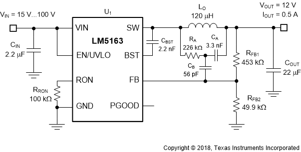LM5163 Typical Application VIN(nom) = 48 V, VOUT = 12 V, IOUT(max) = 0.5 A, FSW(nom) = 300 kHz