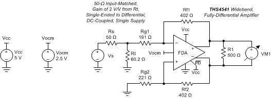 THS4541-Q1 DC-Coupled Gain of 2 with Rf = 402 Ω and a Single-Ended to Differential Matched Input 50-Ω Impedance