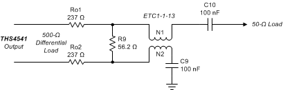 THS4541-Q1 Example 500-Ω Load to a Single-Ended, Doubly-Terminated, AC-Coupled, 50-Ω Interface