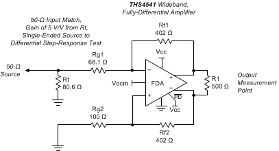 THS4541-Q1 DC-Coupled, Single-Ended-to-Differential, Basic Test Circuit Set for a Gain of 5 V/V