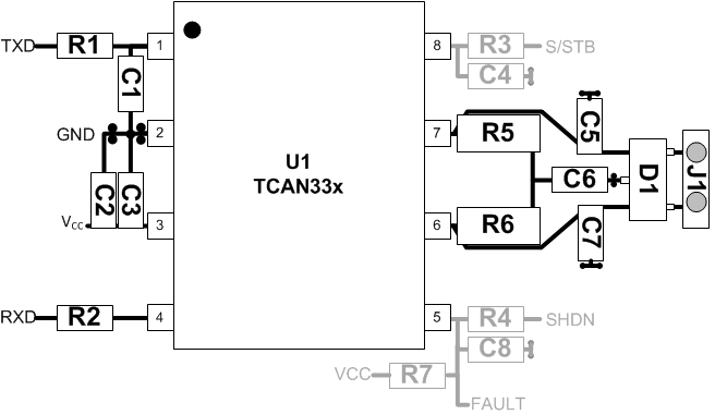 TCAN330 TCAN332 TCAN334 TCAN337 TCAN330G TCAN332G TCAN334G TCAN337G Layout_Example_sllseq7.gif