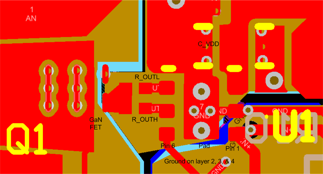 LMG1025-Q1 Typical LMG1025-Q1 Layout With Ball-Grid GaN FET