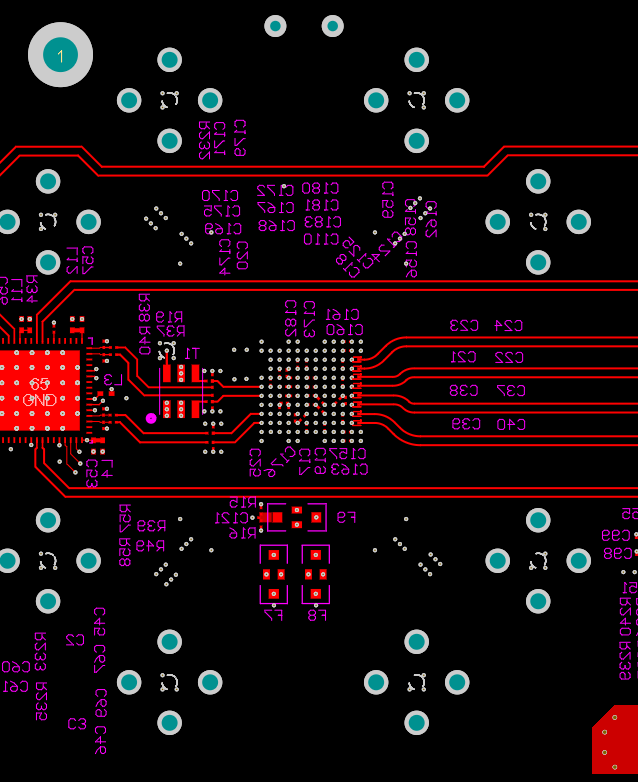 ADC09DJ800-Q1 ADC09QJ800-Q1 ADC09SJ800-Q1 Bottom Layer Routing: CLK±, SYSREF and D[7:4]± Routing