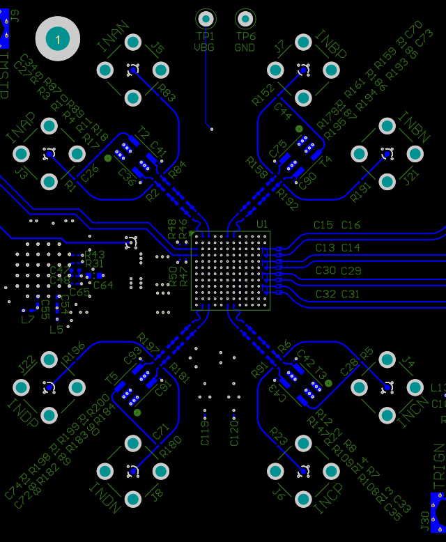 ADC12QJ800 ADC12DJ800 ADC12SJ800 Top Layer Routing: Analog Inputs (INA±, INB±, INC±, IND±), TMSTP± and D[3:0]± Routing