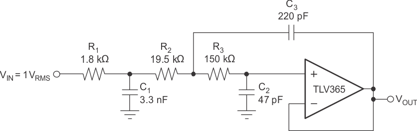 TLV365 TLV2365 Configured as a Three-Pole, 20-kHz, Sallen-Key Filter