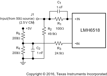 LMH6518 Recommended Single-Ended Bench-Test Input Drive from 50-Ω Source