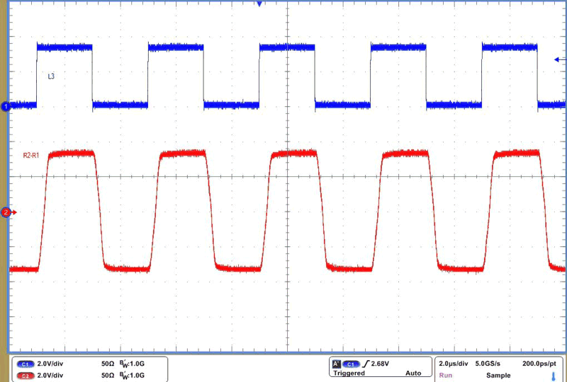 THVD4421 RS-485 Driver Waveform at 500 kbps and VCC = 5 V