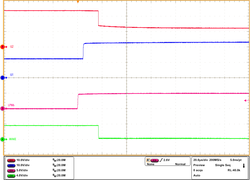 TPS1213-Q1 State Transition From LPM to Active Mode
                            (LPM = Low to High, VIN = 12V, No Load)