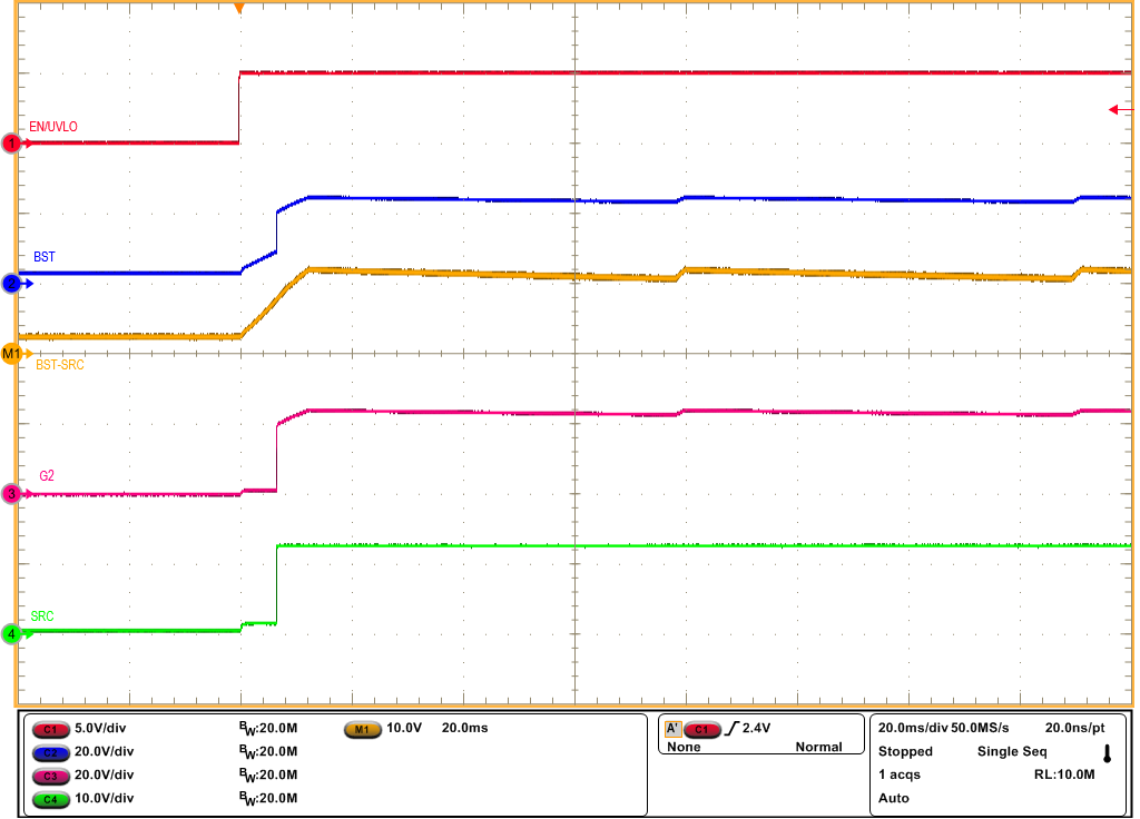 TPS1213-Q1 Start-Up Profile of Low Power Path
                            (LPM = Low, VIN = 12V, No Load, CBST =
                        470nF)