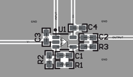 OPA992-Q1 OPA2992-Q1 OPA4992-Q1 Operational Amplifier Board
                    Layout for Noninverting Configuration - SC70 (DCK) Package